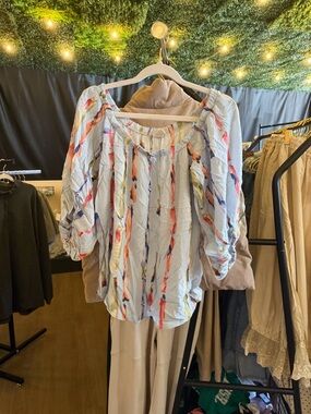 Fantastic Fawn Light Blue Watercolor Stripe Peasant Blouse A067